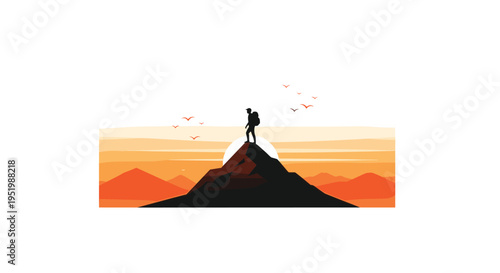 A solitary hiker with a backpack stands atop a dark, jagged mountain peak, silhouetted against a vibrant orange and yellow sunrise with flying birds.