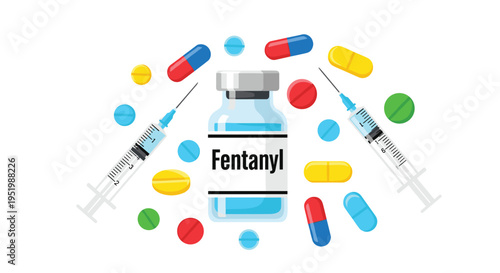 A clear glass vial labeled Fentanyl is centered, surrounded by two syringes and various colorful pills and capsules scattered on a white background.