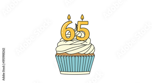A single cupcake with smooth white frosting and two golden 65 shaped candles stands on a light blue striped liner against a white background.