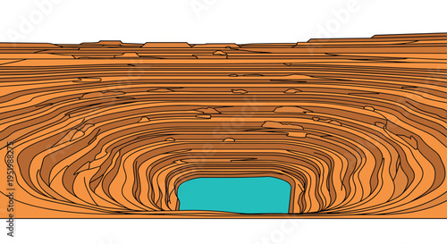 A side-view illustration displays an open-pit mine with many horizontal brown earth layers and a small turquoise lake at the bottom.