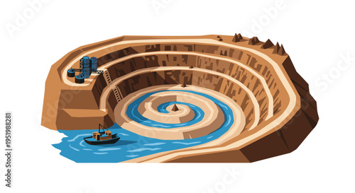 An isometric illustration shows an open-pit mine with spiraling terraced walls and a blue water body at the bottom, featuring a small cargo boat and industrial silos.
