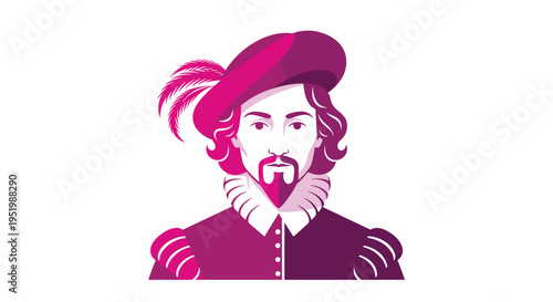 A stylized flat vector portrait of William Shakespeare is depicted in purple and pink tones on a plain white background.