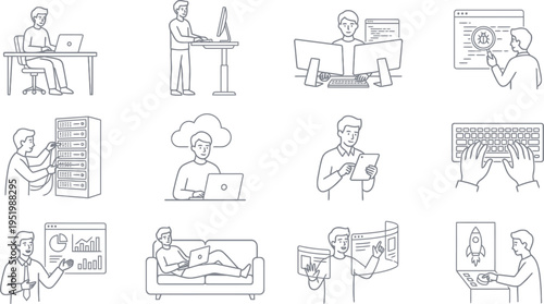 Modern technology, IT, and software development concepts illustrated with simple, engaging line art.