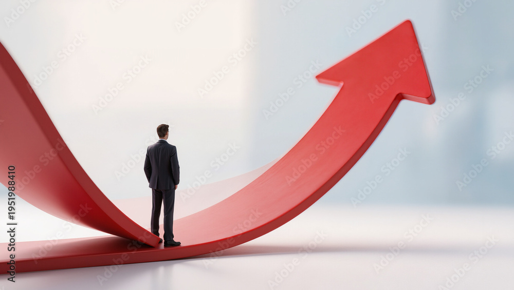 Fototapeta premium Businessman Standing on Red Arrow: Conceptual Growth and Future Vision