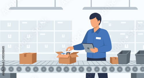 A male worker in a blue uniform stands at a conveyor belt, packing items into a cardboard box.