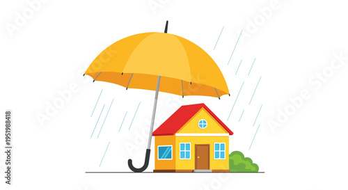 A small, colorful house is protected from falling rain by a large, open yellow umbrella.