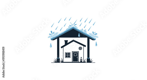 A simplified house illustration stands under a large sheltering roof as raindrops fall and splash.