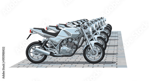 A neat row of six identical silver sport motorcycles with black seats is parked on a light grey tiled surface.