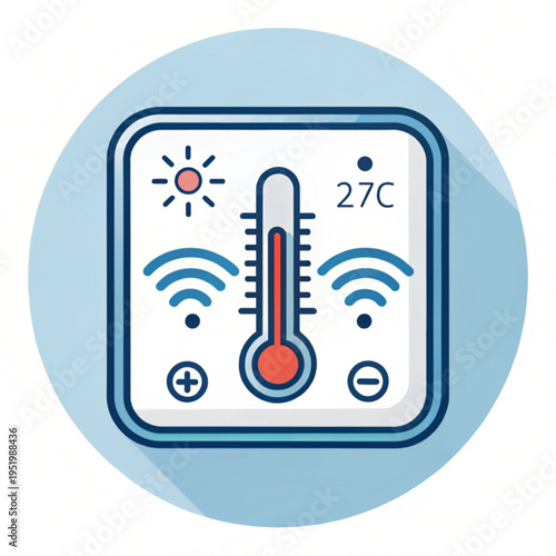 Digital smart thermostat icon showing temperature control with wireless connection and sun symbol.