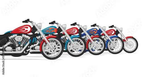 A line of six custom chopper motorcycles, featuring red and blue flame decals, are parked in a row on a white background.