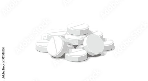 A neatly stacked mound of round white pills with smooth surfaces is positioned on a clean white background.