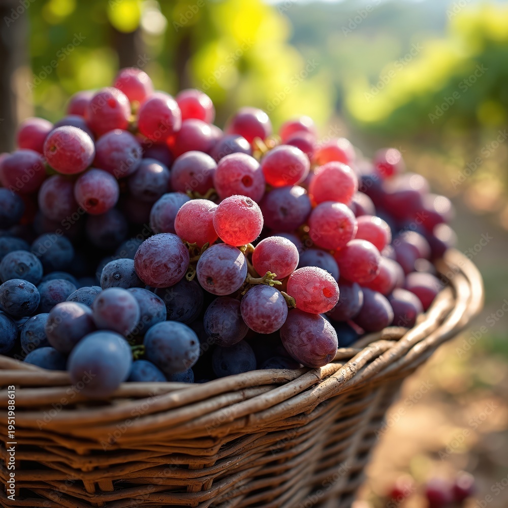Obraz premium Basket with ripe red and purple grapes sits in a vineyard. Fresh fruit harvested from farm fields, perfect for healthy eating, cooking, or wine.