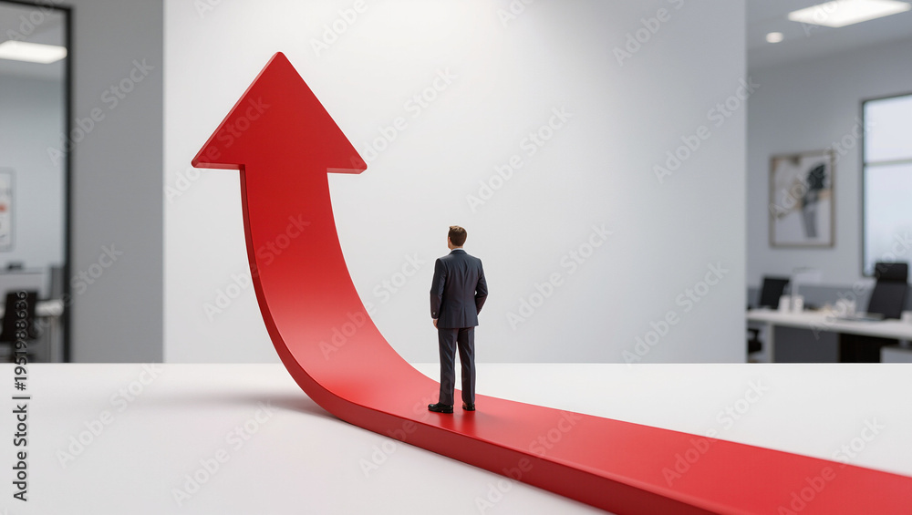 Obraz premium Businessman Standing on Red Upward Arrow in Office Environment