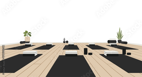 A brightly lit yoga studio features multiple black yoga mats with white blocks and potted plants on a light wooden floor.