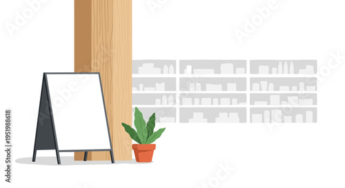 A blank A-frame sign stands next to a wooden pillar and a potted plant, with blurred shelves in the background.