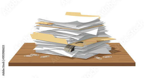 A substantial, disorganized stack of white papers and manila folders rests on a wooden desk with scattered paper clips.