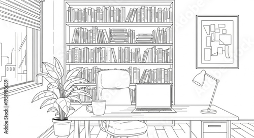 Detailed Sketch of a Home Office with Bookshelf and Desk.