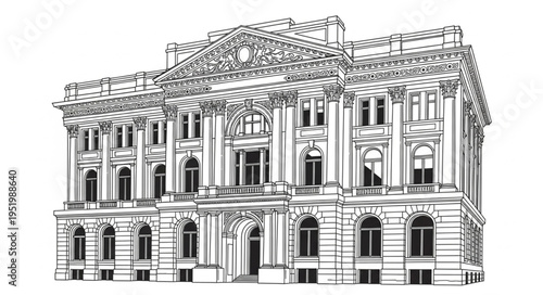 Detailed architectural drawing of a grand classical building facade.