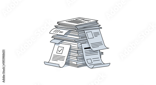 A tall, neatly organized stack of white papers with curled edges and line art details is shown in a minimalist style.