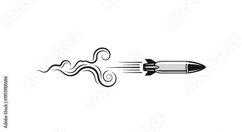 A stylized two-toned grey rocket with black fins and a pointed nose cone flies horizontally, emitting a swirling dark grey smoke trail against a white background.