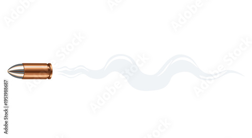 A single detailed copper-colored bullet with a silver tip flies horizontally, leaving a light wavy translucent smoke trail against a pure white background.