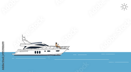 A sleek white yacht cruises horizontally on calm blue water, with a man sitting on the bow looking at a device, under a simple sun icon.