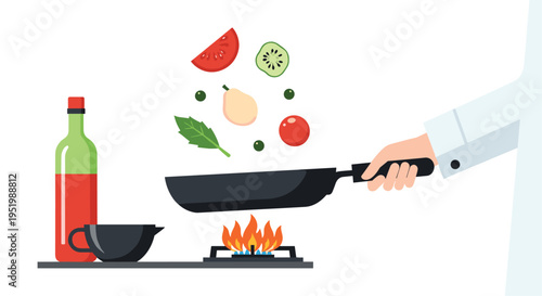 A chef's hand holds a frying pan over a gas flame while tossing various fresh ingredients in the air.