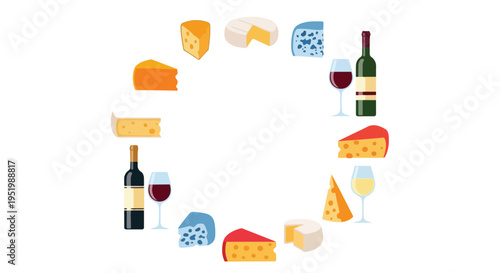 An illustration featuring various types of cheese wedges and wheels alongside wine bottles and glasses, artistically arranged in a pleasing circular composition.