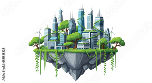 A vibrant cityscape with skyscrapers, trees, and wind turbines rests on a floating rock island with hanging green vines on a white background.
