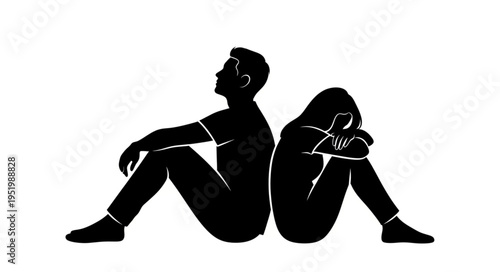 Silhouette of a couple sitting back to back in distress.