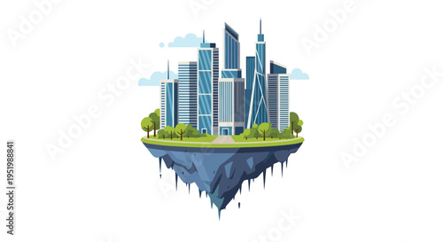Modern skyscrapers and green trees stand on a jagged floating rock island with clouds in the background on a white sky.