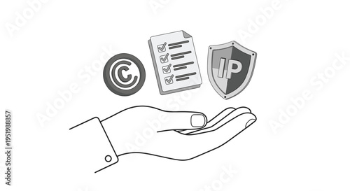 An open hand holds three floating grayscale icons representing copyright, a checklist, and intellectual property on a white background.