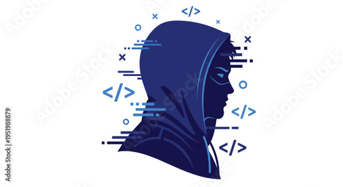 A blue silhouette of a hooded person facing right is surrounded by glitch effects and code symbols on a white background.