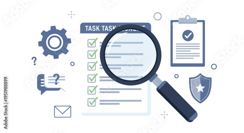 A large magnifying glass is positioned over a task list with green checkmarks, surrounded by related icons like a gear and a shield, on a white background.