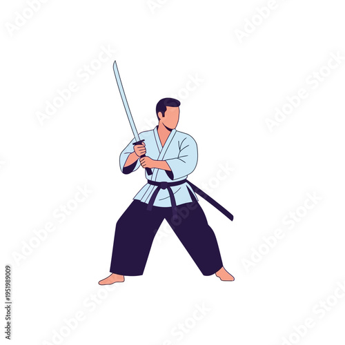 Martial Arts Warrior Holding Katana Sword in Traditional Gi Outfit