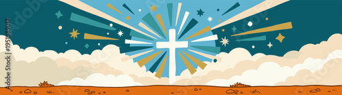 Christian Easter Resurrection Banner with Shining White Cross Radiating Light over Clouds and Ground in Vintage Flat Vector Style for Religious Church Celebration and Gospel Web Header