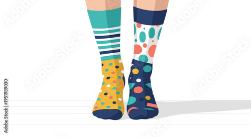 A pair of human legs wearing brightly colored, mismatched patterned socks are standing on a white floor.