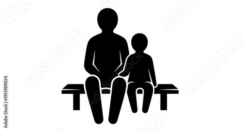 Silhouette of parent and child sitting together on a bench.