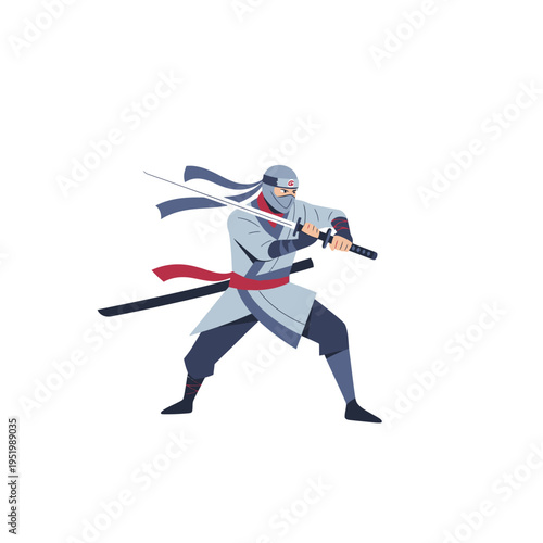 Ninja warrior in action pose with two katanas, striking stance, isolated on white background
