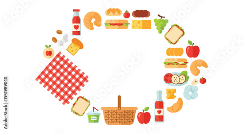 A vibrant flat vector illustration displays an assortment of picnic foods and drinks, alongside a basket and blanket, arranged in an open oval shape.