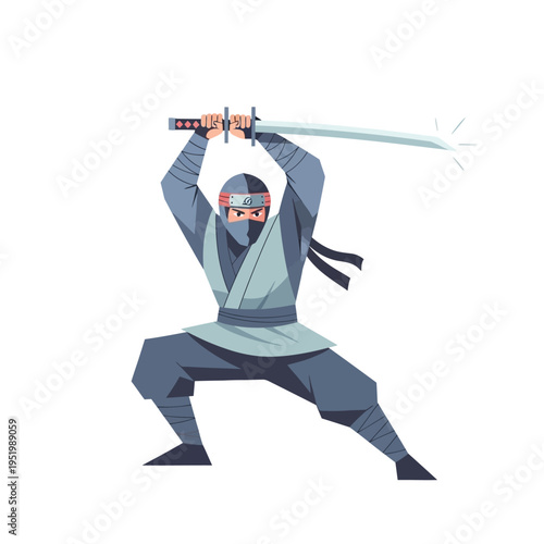 Ninja warrior in traditional uniform with katana sword, ready for battle