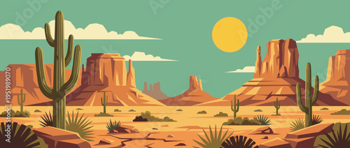 Arizona Desert Landscape Illustration with Saguaro Cactus Mesas and Buttes under a Golden Sun in Flat Vector Style for Wild West Travel Posters Western Nature Backgrounds and Web Banners