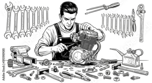 Mechanic Assembling Engine with Tools in Detailed Black and White Illustration.