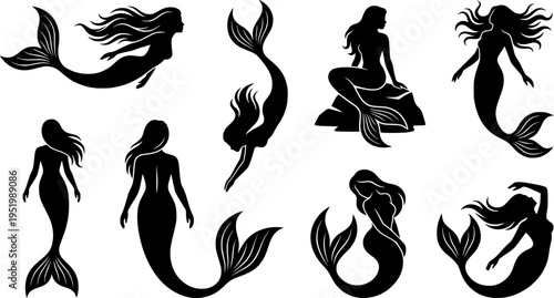 Mermaid Silhouette Vector Illustration set
