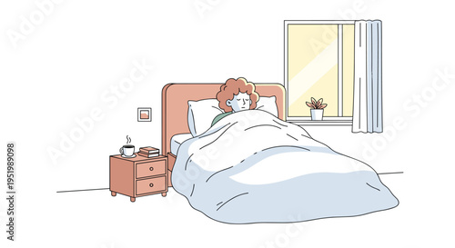 A person with curly orange hair is lying in bed under a light blue duvet next to a bedside table with a cup and book.