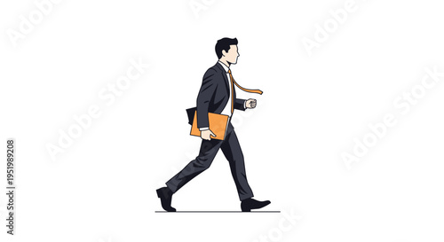 A businessman in a dark suit and orange tie walks confidently to the right while holding a folder against a plain white background.