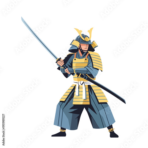 Samurai Warrior Holding Katana Sword, Japanese Warrior in Traditional Armor, Bushido Fighter