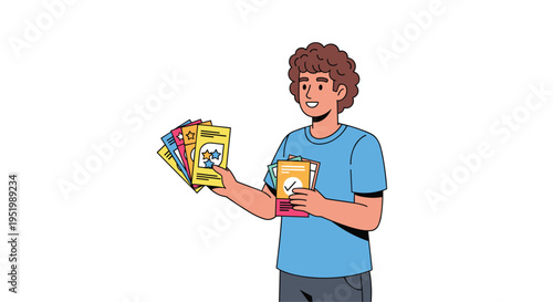 A smiling man holds a large stack of colorful flyers and brochures.