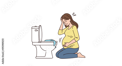 A pregnant woman kneels by a toilet, holding her head and belly, experiencing morning sickness.