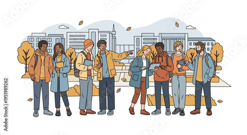Diverse group of people standing together in front of buildings illustration